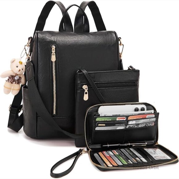 Anti-Theft Vegan Leather Backpack Purse Set with Wallet and Crossbody Bag main image 5